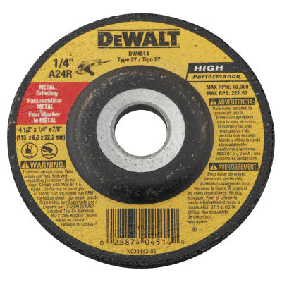 DeWalt® Type 27 HP Metal Grinding Wheel, 4-1/2 in dia, 7/8 in Arbor, 13,300 RPM, DW4514