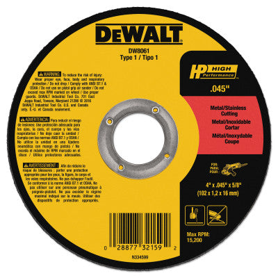 DeWalt® Type 1 Thin Metal Cutting Wheel, HP, 4-1/2 in dia x 0.045 in Thick x 7/8 in Arbor, 13,300 RPM, DW8063
