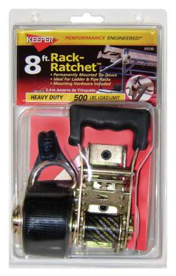 Keeper® Rack-Ratchet Tie-Downs, Double-J Hooks, 1 1/2 in W, 8 ft L, 500 lb Capacity, 05530