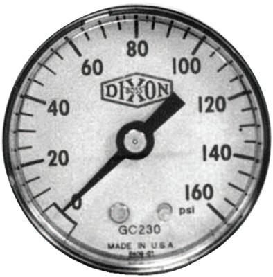 Dixon Valve Standard Dry Gauges, 0 to 160 psi, 1/4 in NPT(M), 2 1/2 in Dia., Bottom Mount, GL335