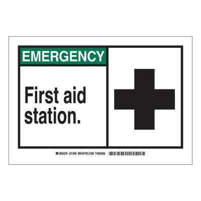 Brady® EMERGENCY First Aid Station Signs,  10w x 7h, Black/Green, 21806