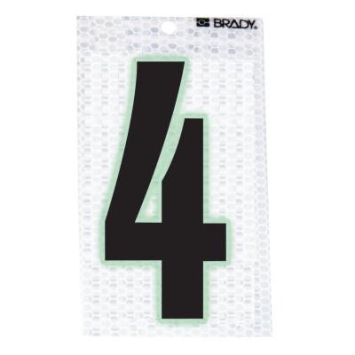 Brady® Glow-In-The-Dark/Ultra Reflective Numbers, 3.5 in x 2.5 in, "4", Black/Silver, 3010-4