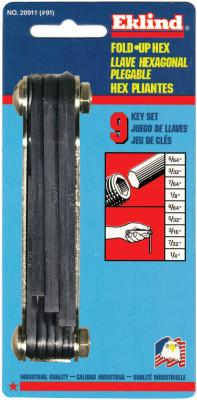 Eklind?? Tool Inch Fold-Up Hex Key Sets, 9 per fold-up, Ball Hex Tip, Inch, Medium, 20911