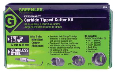 Greenlee® Kwik Change Hole Cutter Kits, Carbide-Tipped, 7/8 in-1 3/8 in Cut Diam., 655