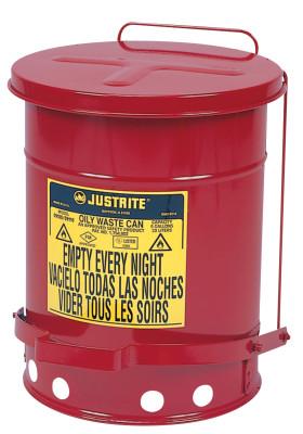 Justrite Red Oily Waste Cans, Foot Operated Cover, 21 gal, Red, 09700