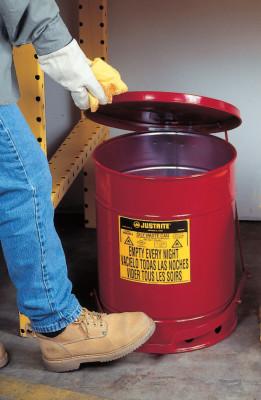 Justrite Red Oily Waste Cans, Hand Operated Cover, 6 gal, Red, 09110