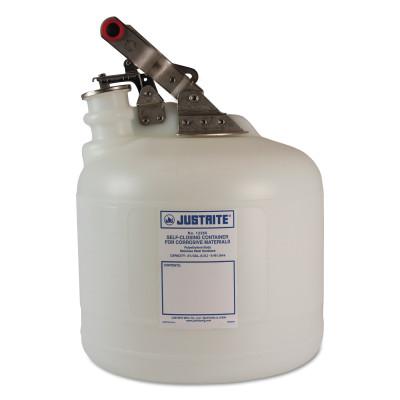 Justrite Self-Close Corrosive Containers for Labs, Hazardous Liquid, 2 1/2 gal, White, 12260