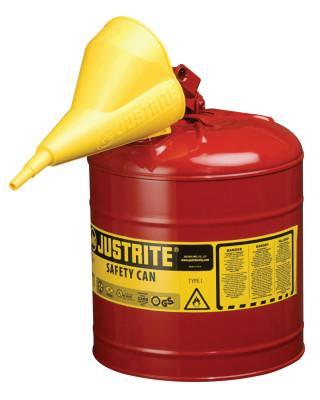 Justrite Type I Steel Safety Can, Flammables, 5 gal, Red, with Funnel, 7150110