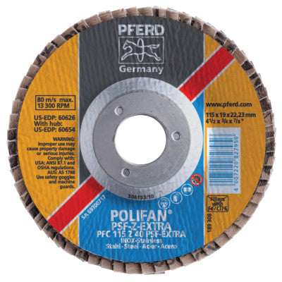 Pferd POLIFAN PSF-EXTRA Flap Discs, 4 1/2 in, 40 Grit, 7/8 in Arbor, 13,300 rpm, 60458