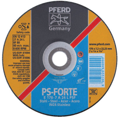 Pferd Depressed Center Wheel, 7 in Dia, 1/4 in Thick, 7/8 Arbor, 24 Grit Alum. Oxide, 61004