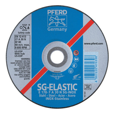 Pferd Premium SG-INOX Wheel, 4 1/2 in Dia, 1/4 Thick, 7/8 Arbor, 30 Grit, Alum Oxide, 61105