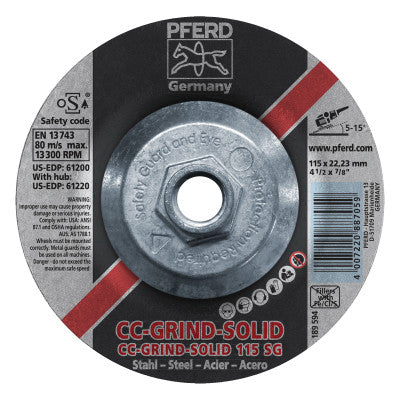 Pferd CC Grind Solid Steel Grinding Discs, Ceramic, 4 1/2in Dia, 5/8 in Arbor, 24 Grit, 61220
