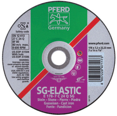 Pferd Depressed Center Grinding Wheel, 7 in Dia, 1/4 in Thick, 7/8 Arbor, Silicon, 61504