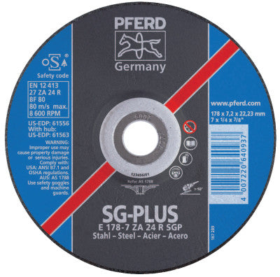 Pferd Depressed Center Grinding Wheel, 4 1/2 Dia, 1/4 Thick, 7/8 Arbor, Zirconia, 61553