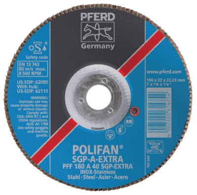 Pferd Type 27 POLIFAN SGP Flap Discs, 7", 40 Grit, 7/8 Arbor, 8,600 rpm, Ceram Oxide, 62615