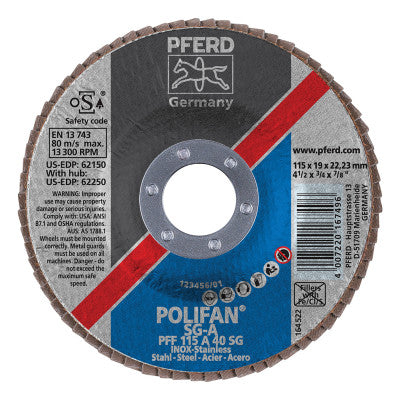 Pferd Type 27 POLIFAN SG Flap Discs, 4 1/2",40 Grit,7/8 Arbor, 13,000 rpm, AlumOx(A), 62150