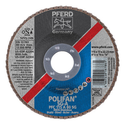 Pferd Type 29 POLIFAN SG Flap Discs, 4 1/2", 80 Grit, 7/8 Arbor, Aluminum Oxide, 62204