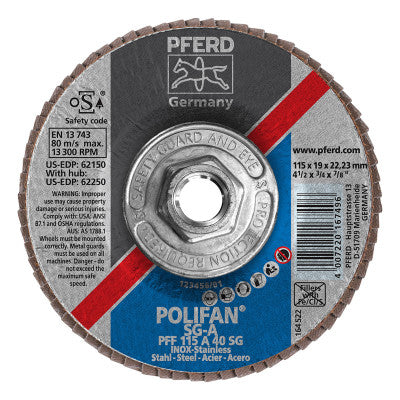 Pferd Type 27 POLIFAN SG Flap Discs, 4 1/2",40 Grit,5/8 Arbor, 13,300 rpm,Alum Ox(A), 62250