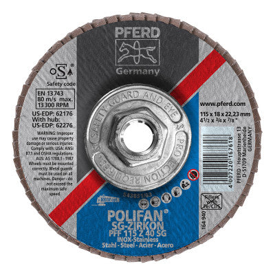 Pferd Type 27 POLIFAN SG Flap Discs, 4 1/2", 40 Grit, 5/8 Arbor, 13,300 rpm, Zirconia, 62276