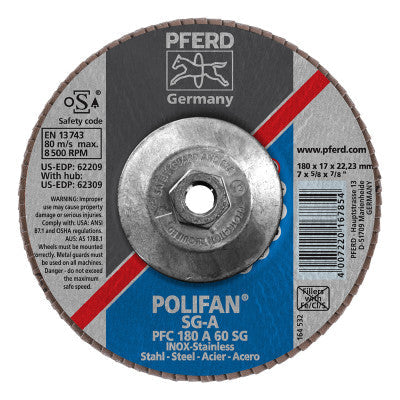 Pferd Type 29 POLIFAN SG Flap Discs, 7", 60 Grit, 5/8 Arbor, 8,500 rpm, Aluminum Oxide, 62309