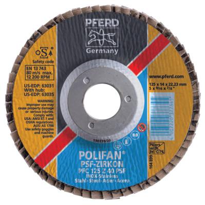 Pferd POLIFAN Flap Discs, 5 in, 40 Grit, 7/8 in Arbor, 12,200 rpm, Conical, T27, 63031