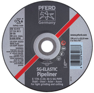 Pferd Type 27 SG Pipeliner Grinding Wheel, 4-1/2 in dia, 1/8 in Thick, 24 Grit Aluminum Oxide, 63400