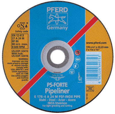 Pferd Type 27 PSF-INOX Pipeliner Grinding Wheel, 5 in dia, 1/8 in Thick, 24 Grit Aluminum Oxide, 63415