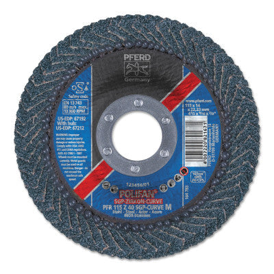 Pferd POLIFAN® SGP Zircon-Curve Radial Type PFR Flap Disc, 4-1/2 in x 9/16 in, 40 Grit, 7/8 Arbor, 13,300 RPM, 67192