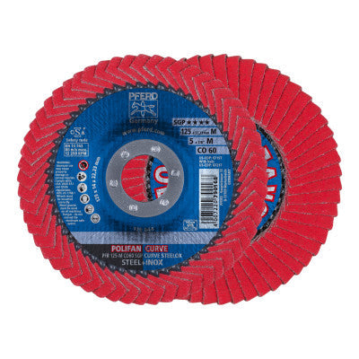 Pferd Polifan Curve Flap Wheels, 5 in Diam, 9/16 in Thickness, 60 Grit, 12,200 rpm, 67197