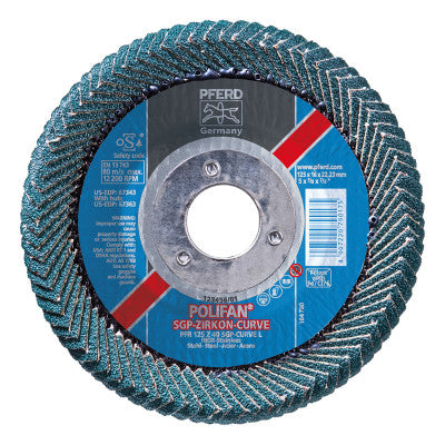 Pferd POLIFAN® Flap Disc, 5 in, 40 Grit, 7/8 in Arbor, 12,200 RPM, Z-Curve, T29, 67343