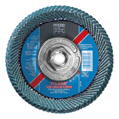 Pferd POLIFAN® Flap Disc, 5 in, 40 Grit, 5/8 Arbor, 12,200 RPM, Z-Curve, T29, 67363