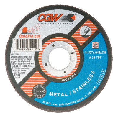 CGW Abrasives Extra Thin Cut-Off Wheel, Type 1, 4 in Dia, .04 in Thick, 60 Grit Alum. Oxide, 45014