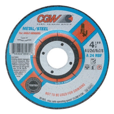 CGW Abrasives Depressed Center Wheel, 4 1/2 in Dia, 1/8 in Thick, 5/8 in Arbor, Hardness R, 35612