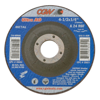 CGW Abrasives Depressed Center Wheel, 4 1/2 in Dia, 1/4 in Thick, 7/8 Arbor, Hardness Grade S, 35620