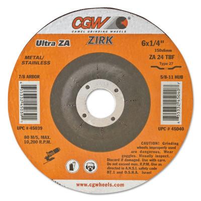 CGW Abrasives Depressed Center Wheel, Type 27, 9 in Dia, 1/4 in Thick, 5/8 Arbor, Hardness T, 35659