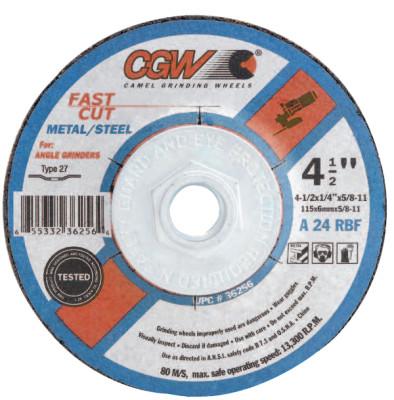 CGW Abrasives Depressed Center Wheel, 7 in Dia, 1/4 in Thick, 7/8 Arbor, 24 Grit, Alum. Oxide, 36261