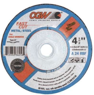 CGW Abrasives Depressed Center Wheel, 7 in Dia, 1/4 in Thick, 5/8 Arbor, 24 Grit, Alum. Oxide, 36262