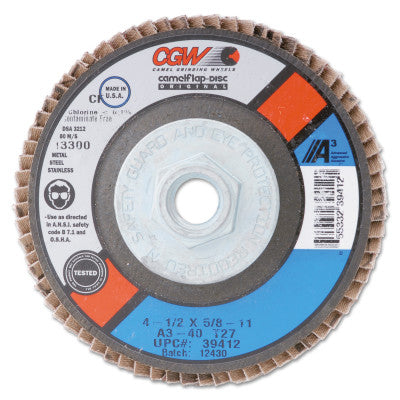 CGW Abrasives Flap Discs, A3 Aluminum Oxide, Reg, 4 1/2", 80 Grit, 7/8 Arbor, 13,300 rpm, T29, 39425