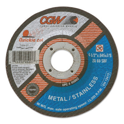 CGW Abrasives Cut-Off Wheel, Type 27, 4 in Dia, .045 in Thick, 60 Grit Zirconia/Alum., 45001