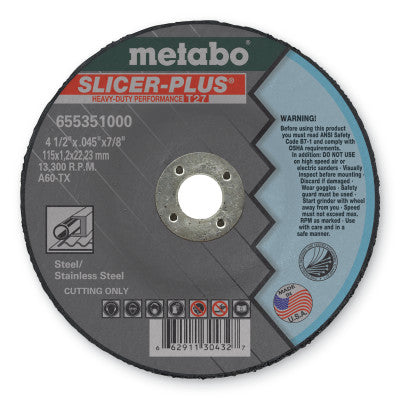 Metabo Slicer Plus Cutting Wheel, Type 27, 4 1/2 in Dia, .045 in Thick, 60 Grit, 55351