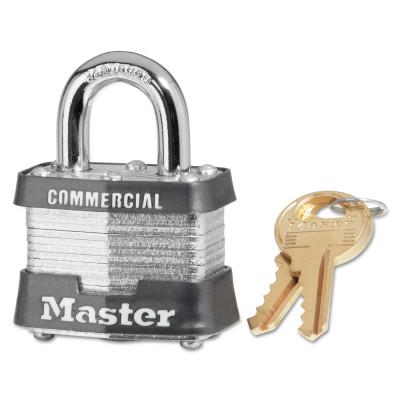 Master Lock® Laminated Steel Pin Tumbler Padlocks, 9/32 in Dia., 1 in L x 5/8 in W, Silver, 3KA-3303