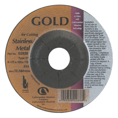 Carborundum Depressed Center Wheel, 4 1/2 in Dia, 1/8 in Thick, 7/8 in Arbor, for Steel, 05539502838