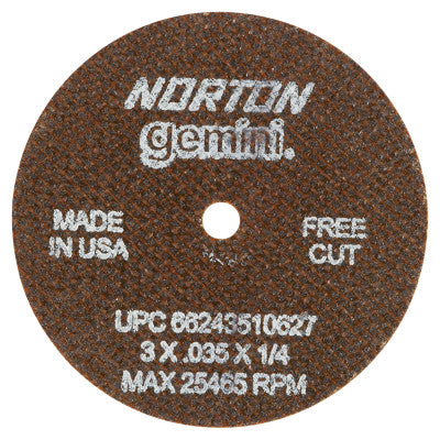 Saint-Gobain Gemini Type 1 Reinforced Cut-Off Wheel, 3 in dia, 0.035 in Thick, 1/4 in Arbor, 60 Grit, Aluminum Oxide, 66243510627