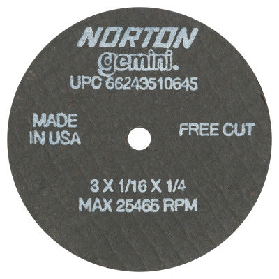 Saint-Gobain Gemini Type 1 Reinforced Cut-Off Wheel, 3 in dia, 1/16 in Thick, 1/4 in Arbor, 36 Grit, Aluminum Oxide, 66243510645