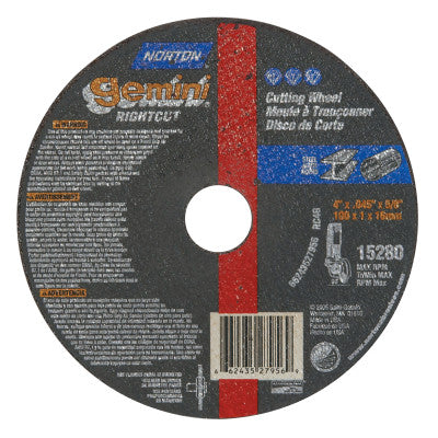 Saint-Gobain Gemini® RightCut Cut-Off Wheel, Type 1, 4 in dia, 0.045 in Thick, 5/8 in Arbor, 46 Grit, Aluminum Oxide, 66243527956