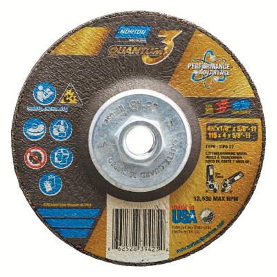 Saint-Gobain Quantum3 SG CA Type 27 Grinding Wheel, 4-1/2 in dia, 1/8 in Thick, 5/8 in - 11 Arbor, 24 Grit, Ceramic Alumina, 66252839423