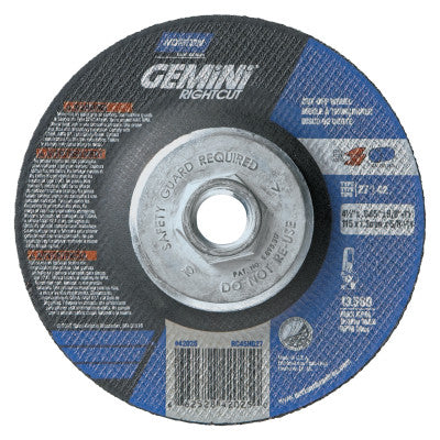 Saint-Gobain Gemini Type 27/42 RightCut Cut-Off Wheel, 4-1/2 in dia, 0.045 in Thick, 5/8 in Arbor, 46 Grit, Aluminum Oxide, 66252842025