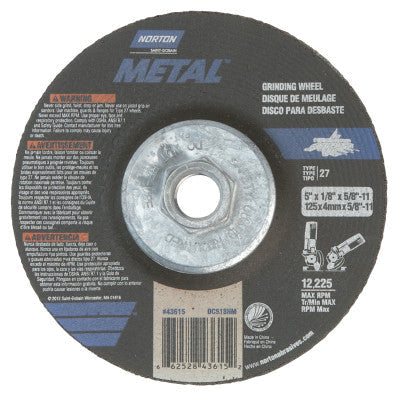 Saint-Gobain Gemini Depressed Center Wheel, 5" Dia, 1/8" Thick, 5/8" Arbor, 66252843615