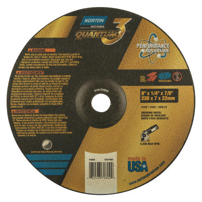 Saint-Gobain Quantum3 SG CA Type 27 Grinding Wheel, 9 in dia, 1/4 in Thick, 7/8 in Arbor, 20 Grit, Ceramic Alumina, 66253370802