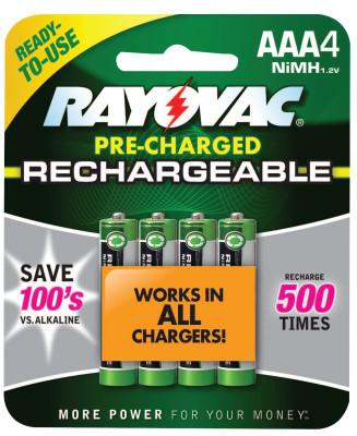 RAYOVAC?? Platinum Pre-Charged Rechargeable Batteries, NiMH, AAA, LD724-4OP-GEND